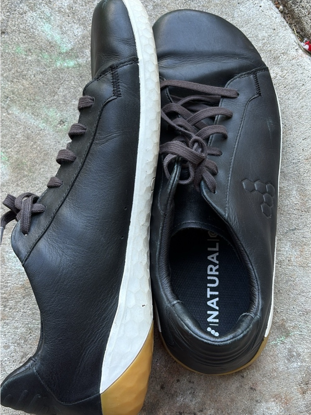 Vivo Barefoot Men’s Black Leather Sneakers with White Sole and Tan Heel